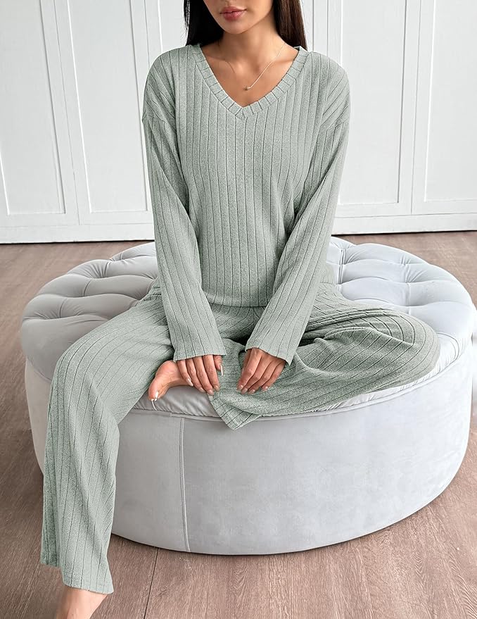 Ekouaer Lounge Sets for Women Long Sleeve Knit Ribbed Pajama Sets 2 Piece Casual Loungewear with Pockets