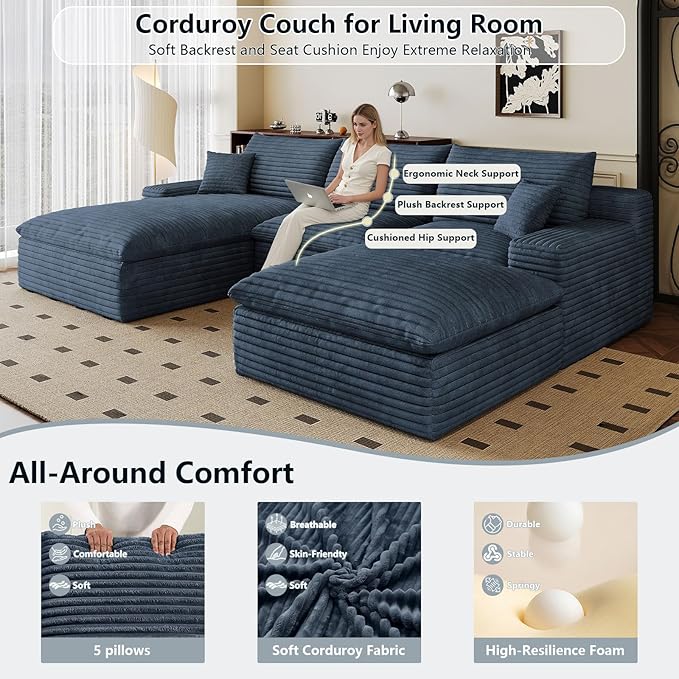 107" Cloud Sectional Couch U-Shaped Chaise with Ottoman, Corduroy Boneless Couch for Living Room Bedroom, Deep-Seat Upholstered Modular Cloud Sofa, No Assembly Required (Blue, Left Facing Chaise)