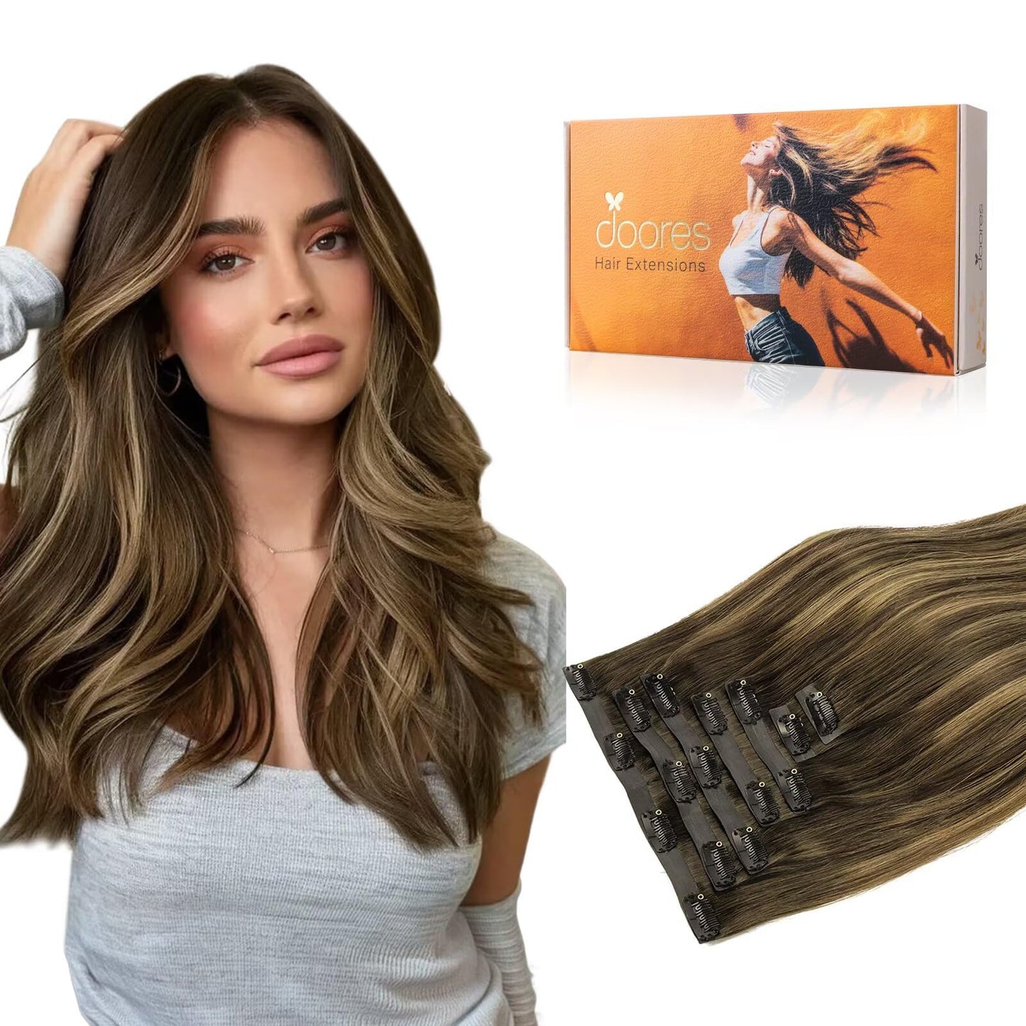 DOORES Invisible Edge Clip in Hair Extensions - Chocolate Brown to Caramel Blonde, 150g 7pcs 22 Inch Virgin Straight Human Hair