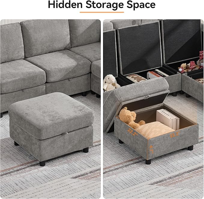127'' Oversized U Shaped Modular Sofa, Sectional Couches with Storage for Living Room, Modern 9 Seater Cloud Sectional Couch with Movable Ottoman, Chenille Grey