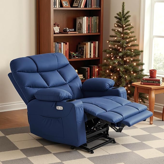MCombo Oversized Power Lift Recliner Chair with Extended Footrest, Extra Wide 27.2" for Big and Tall Elderly People, Faux Leather R7289 (Navy Blue, Medium-Oversize)