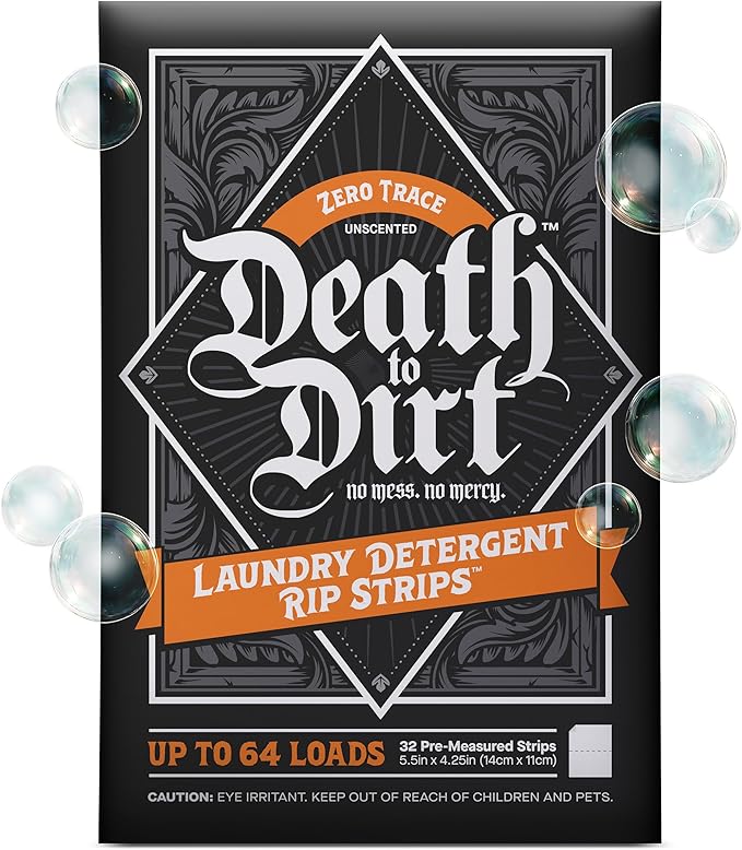 Death to Dirt Laundry Detergent Sheets, 64 Loads, Tough on Stains and Odors, Gentle on Skin and Fabric, Plant-Based & Eco-Friendly, Zero Trace Unscented, 32ct
