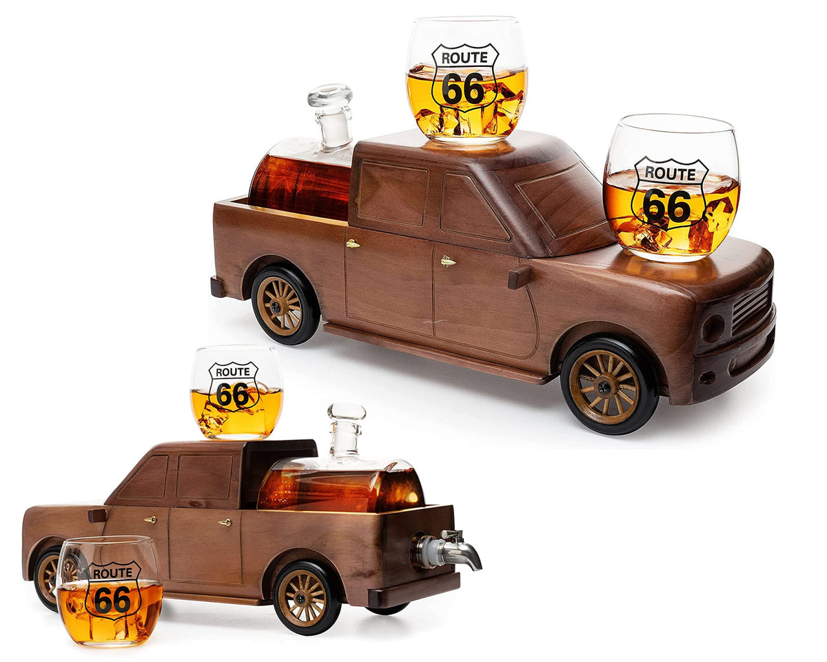 Pickup Truck Wine & Whiskey Decanter Set 500 ml & Two 12 Oz Route 66 Glasses - Gifts for Him, Dad Driver Trucker Gifts, Truck, Whiskey Gifts for Men, Personalized Gifts for Men