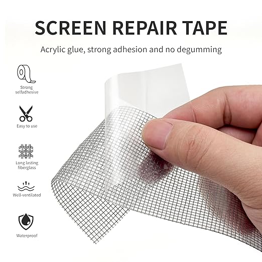Grey Window Screen Repair Kit 16.5FT 3-Layer Strong Adhesive & Waterproof Tape Fiberglass Covering mesh, Repair for Window Screen and Screen Door tears Holes