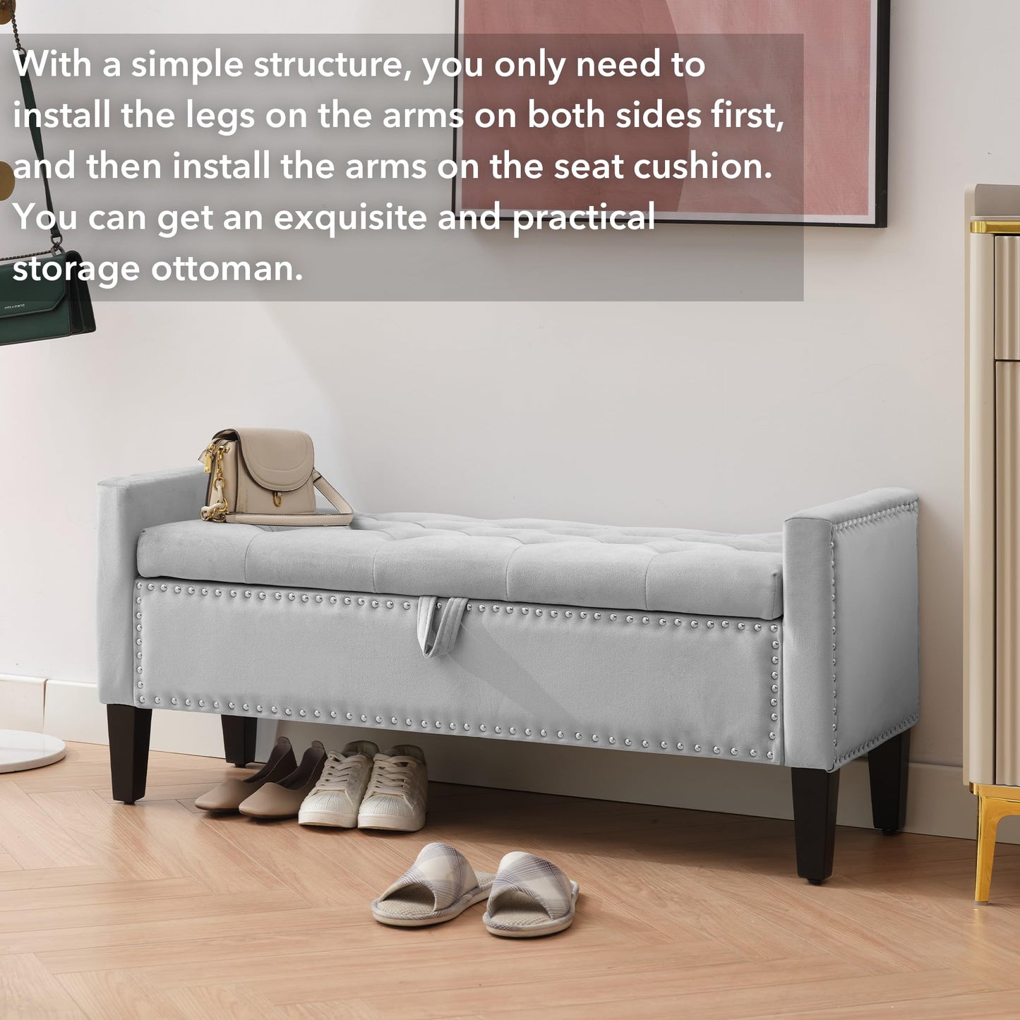 Creek Vista Velvet Storage Ottoman Bench, 45'' Upholstered Button Tufted End of Bed Bench, Modern Entryway Ottoman with Arms, Grey