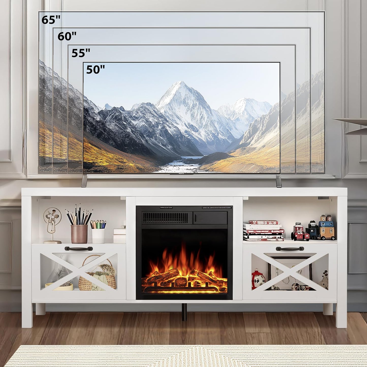 Electactic Electric Fireplace TV Stand with Mantel & Storage, Features Realistic LED Flame Insert, Remote, 7 Brightness Settings, Overheat Protection, for Living Room Furniture or Bedroom Fireplace