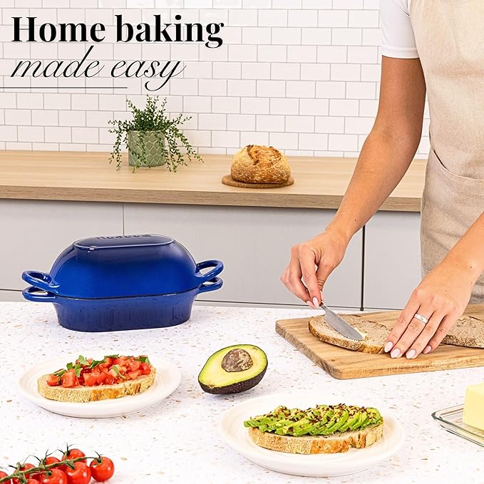 Dutch Oven For Sourdough Bread Baking – Enamelled Cast Iron Bread Loaf Pot – Oven Safe Non Stick Bread Pot – Rectangular, Dark Blue, 24cm x 16cm – by Nuovva