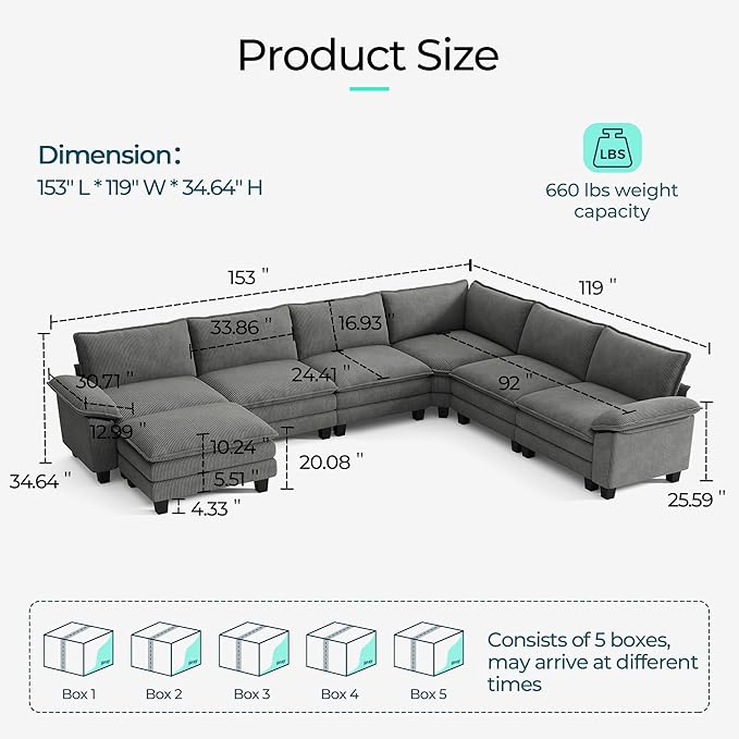 LINSY HOME Modular Sectional Sofa Couch Corduroy Cloud Couches for Living Room, V-Shaped Cloud Couch Sectional Sofas for Bedroom and Apartment, Grey