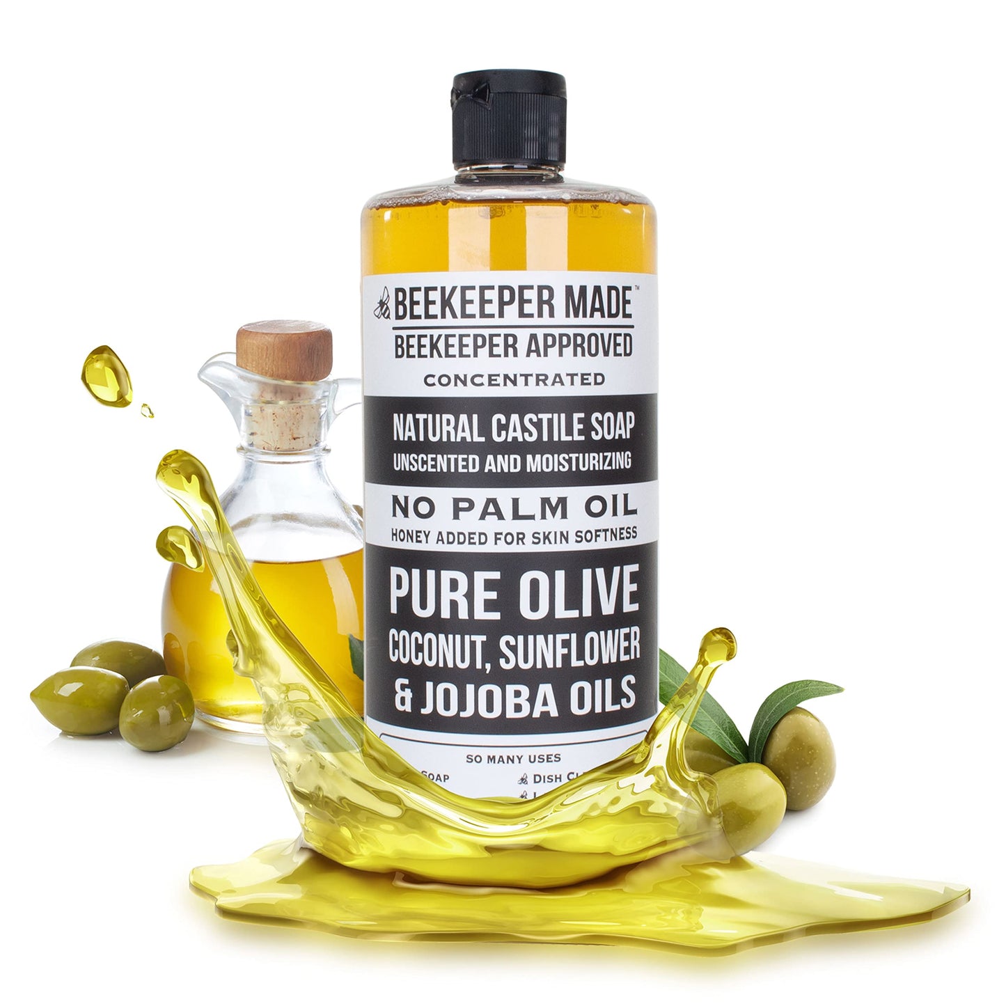 Beekeeper Made Natural Castile Soap, 32 fl oz | No Palm Oil, 8 Ingredients, Pure Olive, Coconut, & Sunflower Oils, GMO Free, For