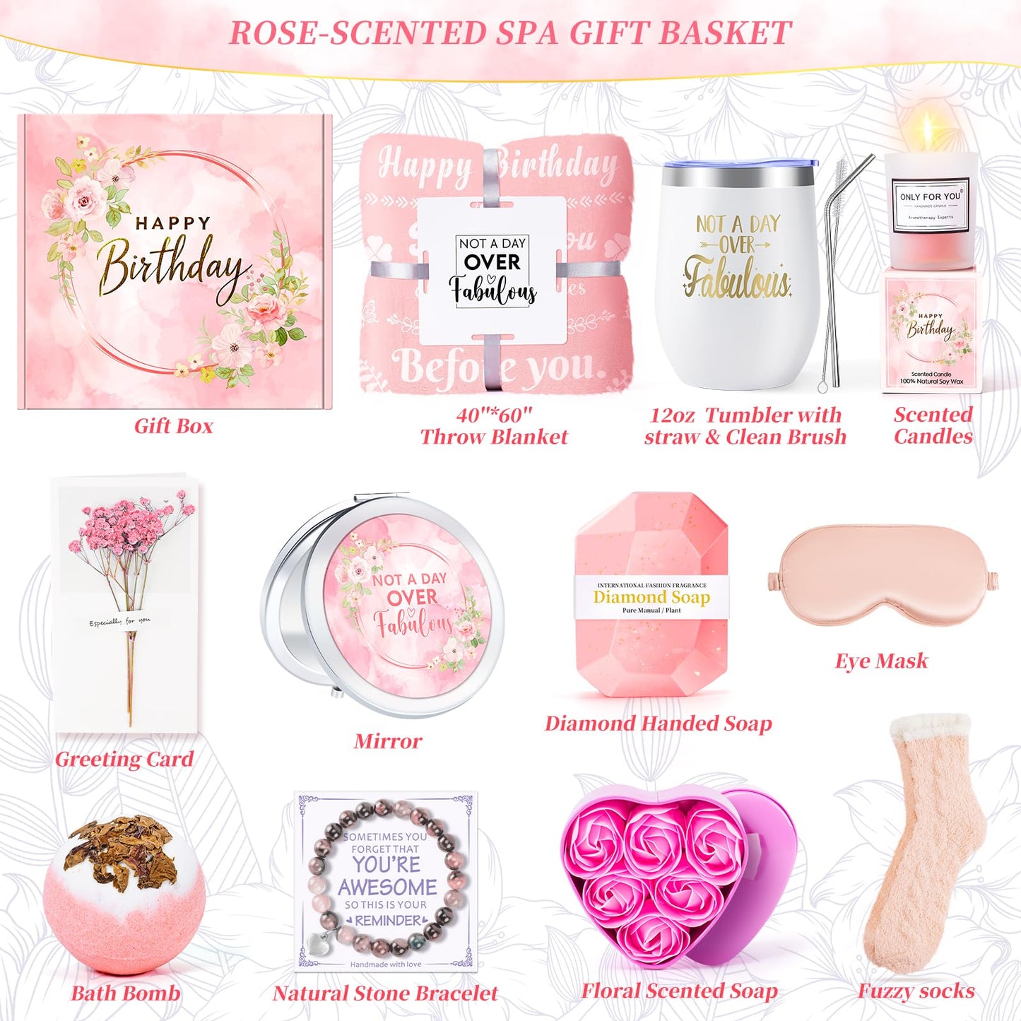 15PCS Birthday Gifts for Women-Pink Self Care Package Get Well Soon Gifts, Relaxing Spa Gift Female Friendship Thinking of You Care Package for Mom Her Wife Girlfriend Friend Sister