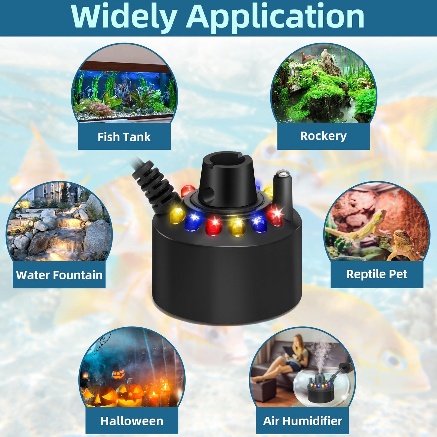 DaToo Mist Maker Mini Pond Fog Machine 12 Led Indoor Water Fountain Mister Fogger with Splashing Guard Atomizer Air Humidifier Ultrasonic Fogger for Water Feature Halloween and Other Holidays