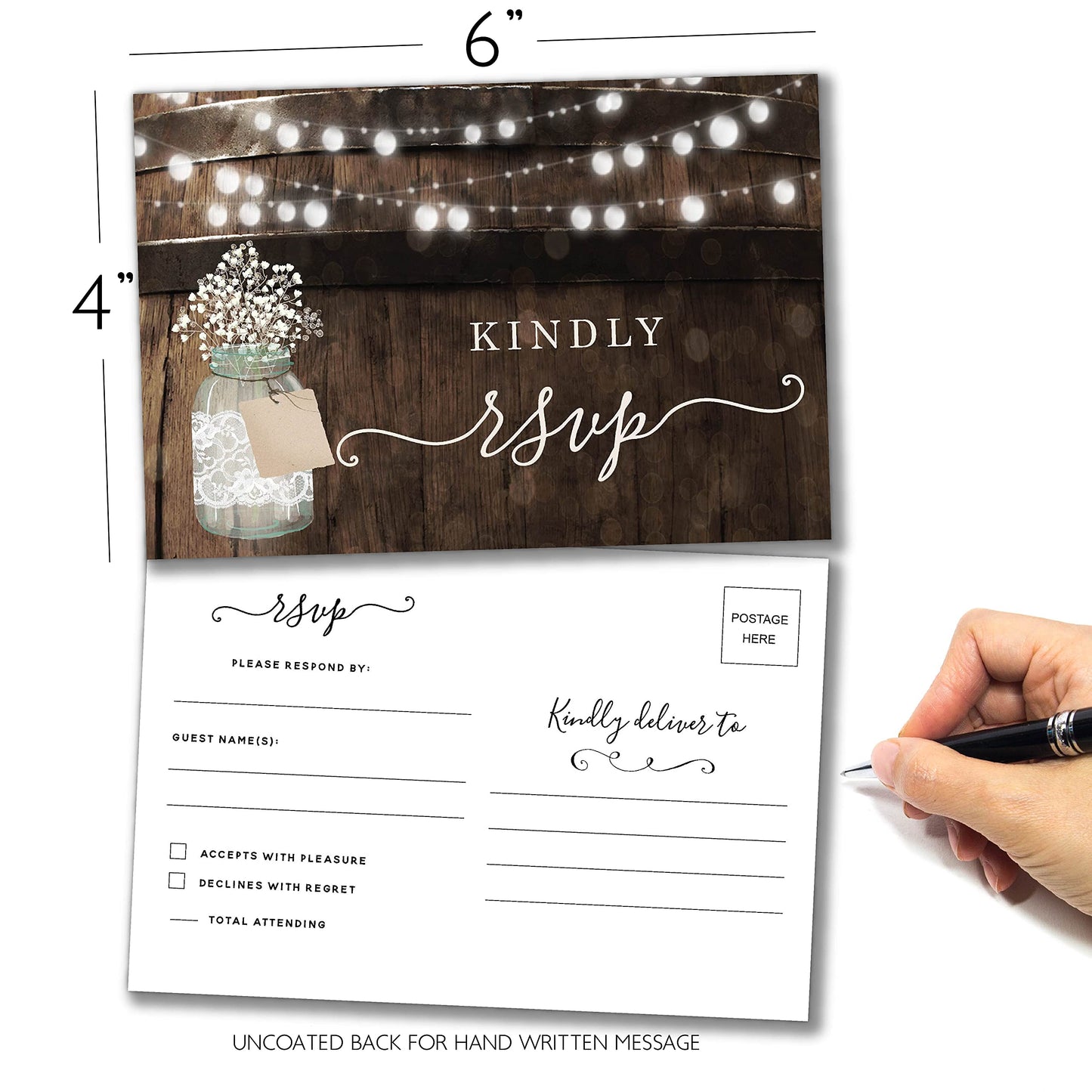Your Main Event Prints 50 Rustic Mason Jar RSVP Postcards for Wedding, Response Cards, Reply Cards Perfect for Bridal Shower, Rehearsal Dinner, Engagement Party, Baby Shower