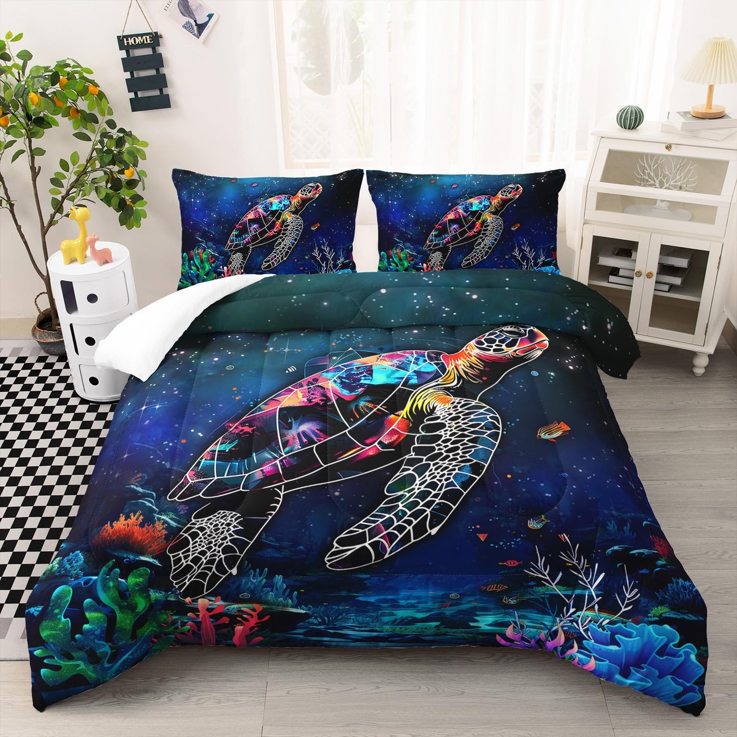 Ntlfup Turtle Comforter Set Full Size, Ocean Beach Turtle Bedding Set for Kids Teens, Ocean Animals Comforter Fish Coral Bed Set