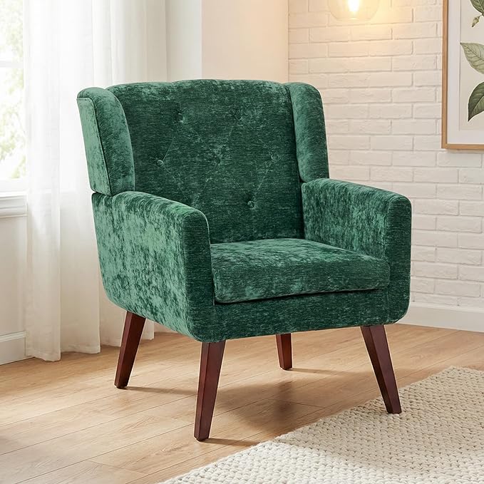 Accent Chair Button-Tufted Upholstered Living Room Chairs Comfy Reading Chair Mid Century Modern Chair with Linen Fabric Lounge Arm Chairs for Living Room Bedroom（Green Set of 2）