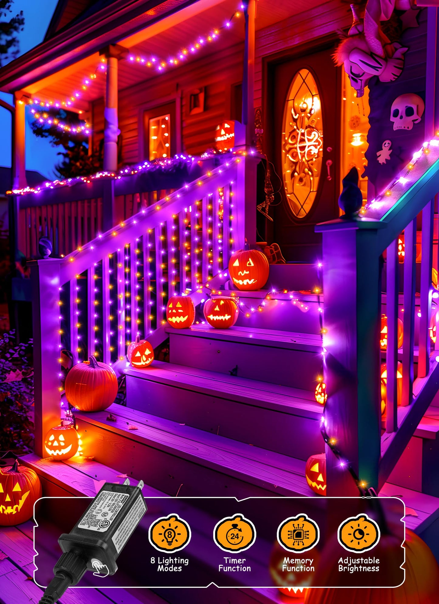Halloween String Lights Outdoor Cluster Lights - 500 LED 25 Ft Orange Purple Twinkle Lights 8 Modes Timer Remote, Waterproof Plug in Halloween Fairy Lights for Indoor Outdoor Halloween Decorations