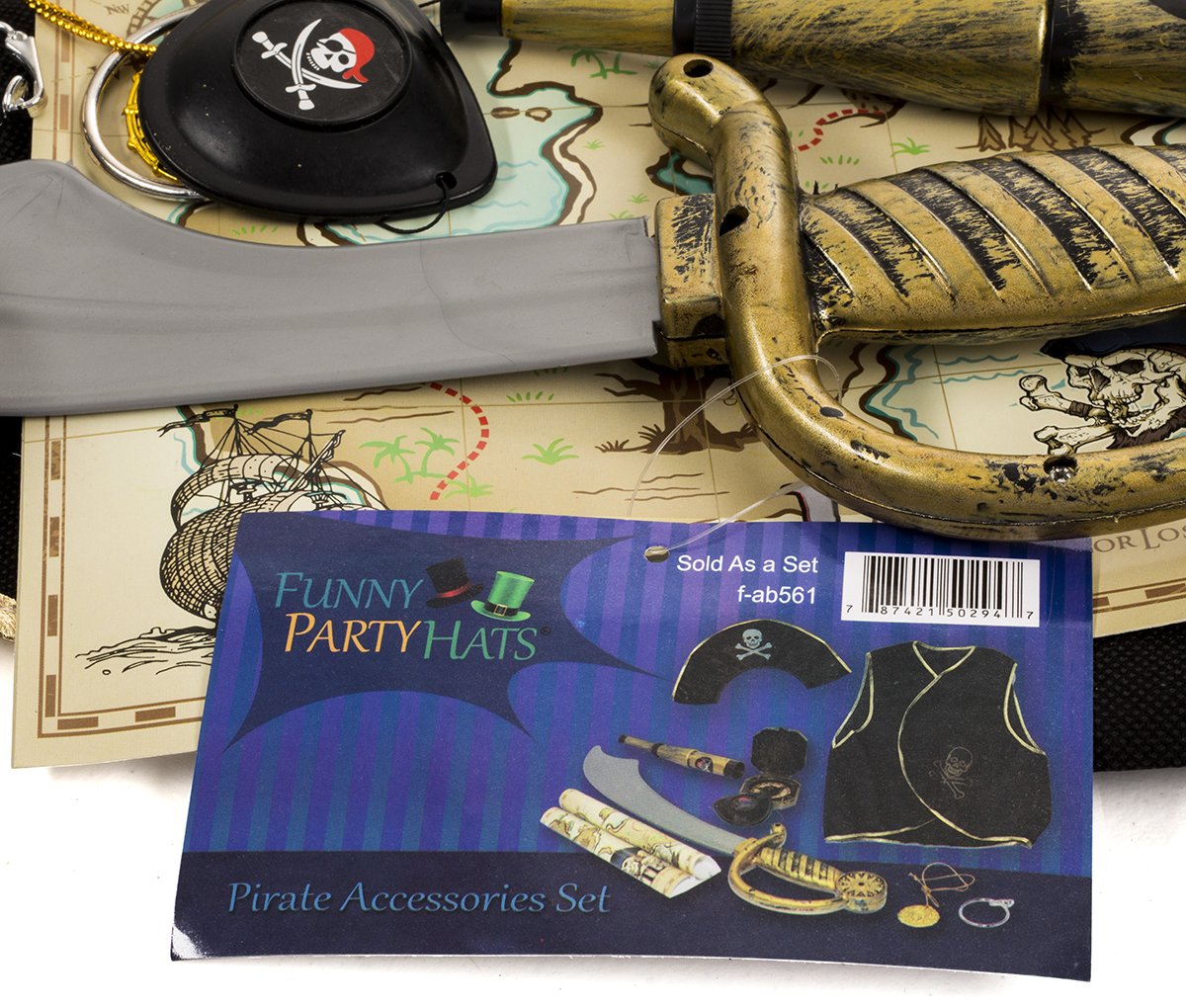 Funny Party Hats Pirate Costume for Kids - 9 Pc Set - Pirate Accessories Toys- Dress Up Clothes