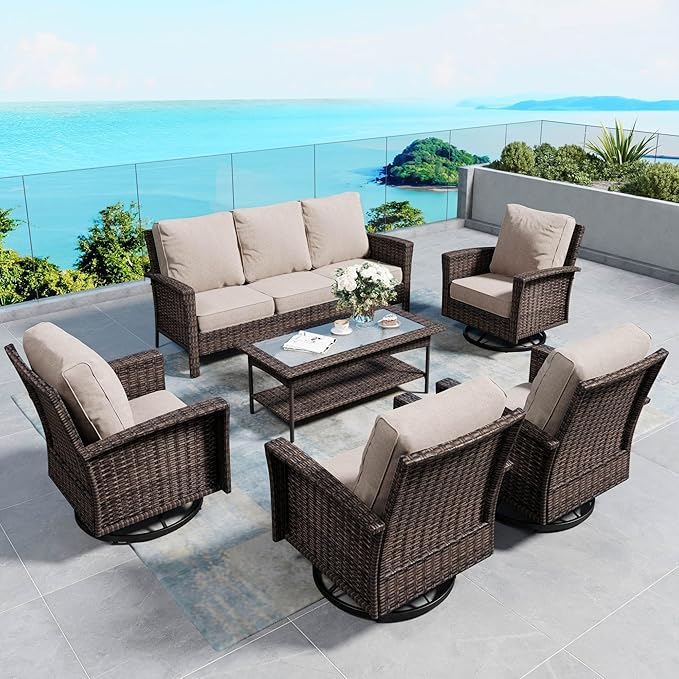 SUNSHINE VALLEY 6 Pieces Patio Furniture Set with Swivel Chairs, High Back Wicker Rattan Sofa with Extra Thick Cushion and Coffee Table, Outdoor Conversation Set for Garden Backyard Deck,Beige