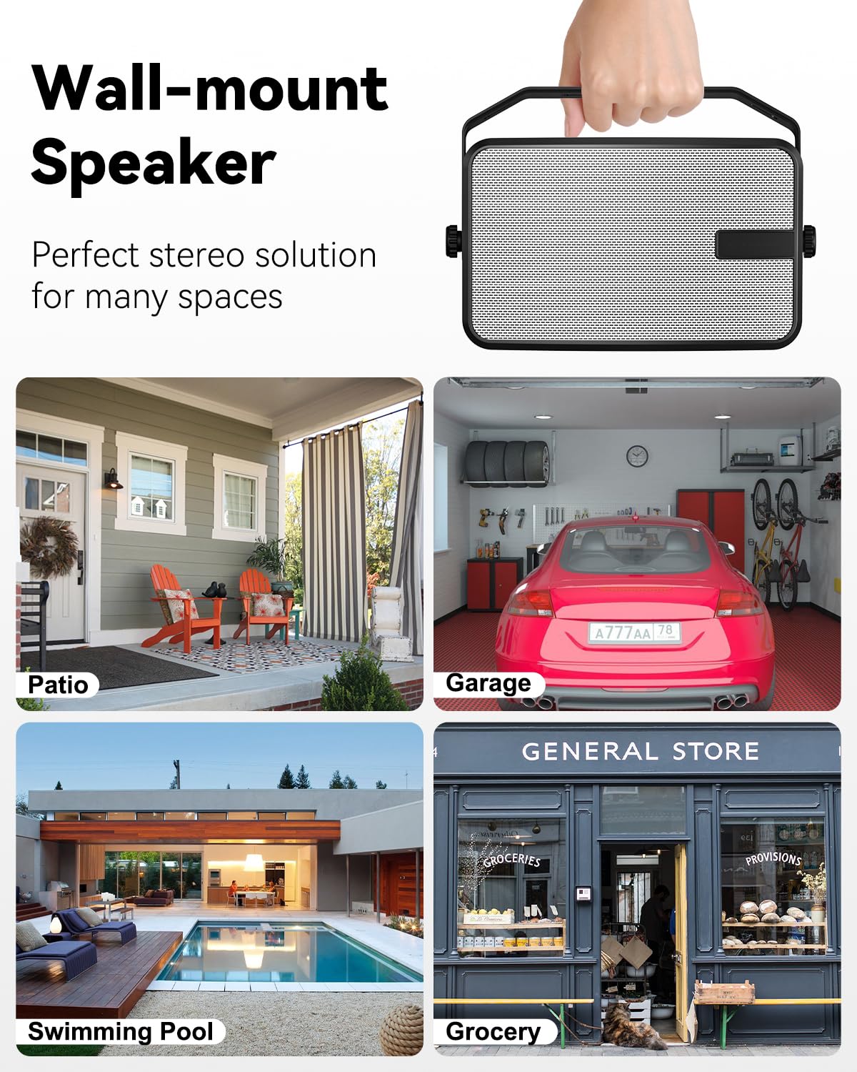 Plyee Audio 400W Outdoor Bluetooth Speakers, Wireless Sync Between Speakers, Powerful Bass, Wall Mount for Patio, Porch, Gazebo, Garage, 2-Pack, White(MZ-621)