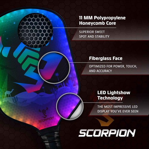 SCORPION Pioneer Pickleball Paddles - Premium, Lightweight Pickleball Paddle with LED Edge Lighting, Fiberglass Face, 11mm PP Honeycomb Core - Pickleball Set with Paddle Cover & Wrist Sweat Band