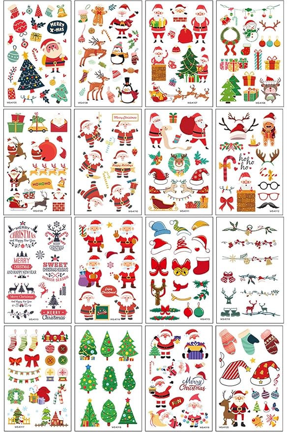 Christmas Temporary Tattoos for Kids, 240PCS Cartoon Xmas Body Stickers, Santa Claus Snowman Reindeer Socks Face Fake Tattoo Makeup, Christmas Holiday Party Favor Supplies Decorations Boys Girls