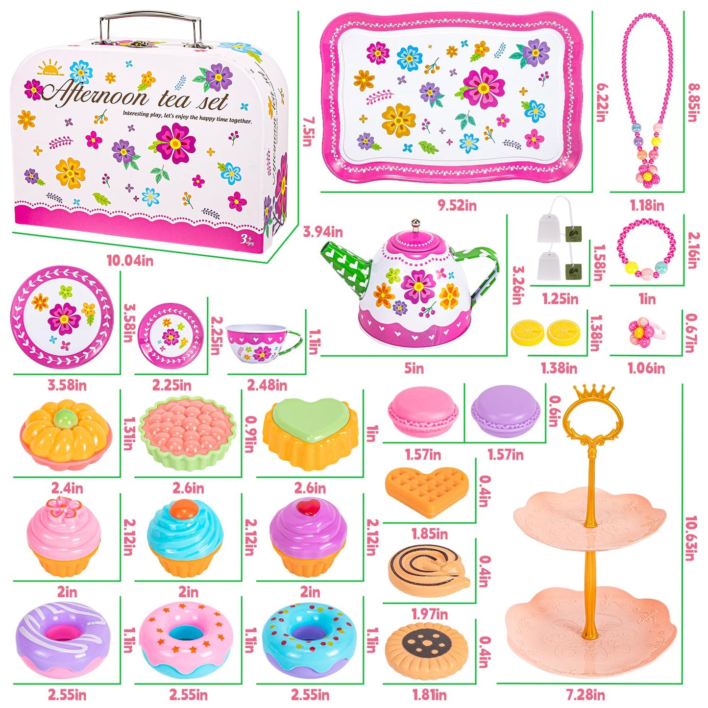Hohosunlar Kids Tea Party Set for Little Girls, Flower Toy Tin Tea Set with Carry Case, Dessert Play Food Tea Cup Set Teapot Girl Jewelry, Birthday for Girls Kids 3 4 5 6 7 Years Old