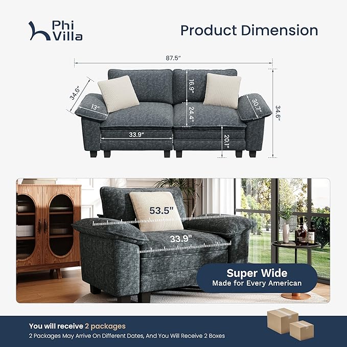 PHI VILLA Indoor Modular Couches Sets, 87.5" Sectional Loveseat Sofa with Upholstered Deep Seat, 2-Seater Comfy Couches for Living Room Bedroom, Chenille Fabric, Dark Cyan