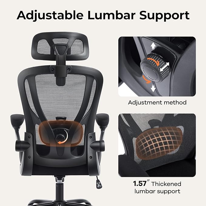 shipborne Office Chair Ergonomic Office Chair with Lumbar Support, Head Support, Rocking Function, FILP-up Armrests, Mesh High Back Chair Home Office Desk Chair, Suitable for Home, Office, Black