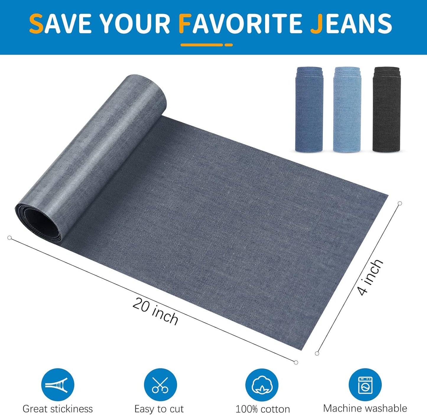 HTVRONT Iron on Patches for Clothing Repair 4 Rolls - Denim Patches for Jeans Kit 4" by 20", 4 Rolls of Iron On Denim Patches for Jeans Inside & Clothing Repair (Blue)