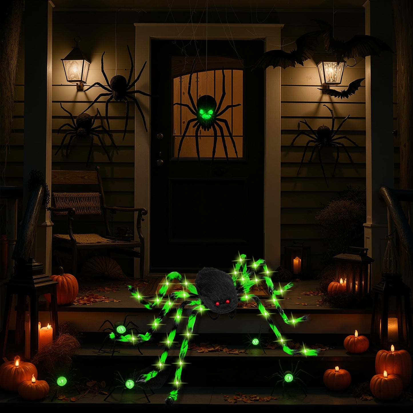 Halloween Spider Costume for Adults Green LED Lights Candy Backpack Headband Ring Tattoos for Trick or Treat Cosplay Halloween Party Decorations Accessories (Batteries Not Included)