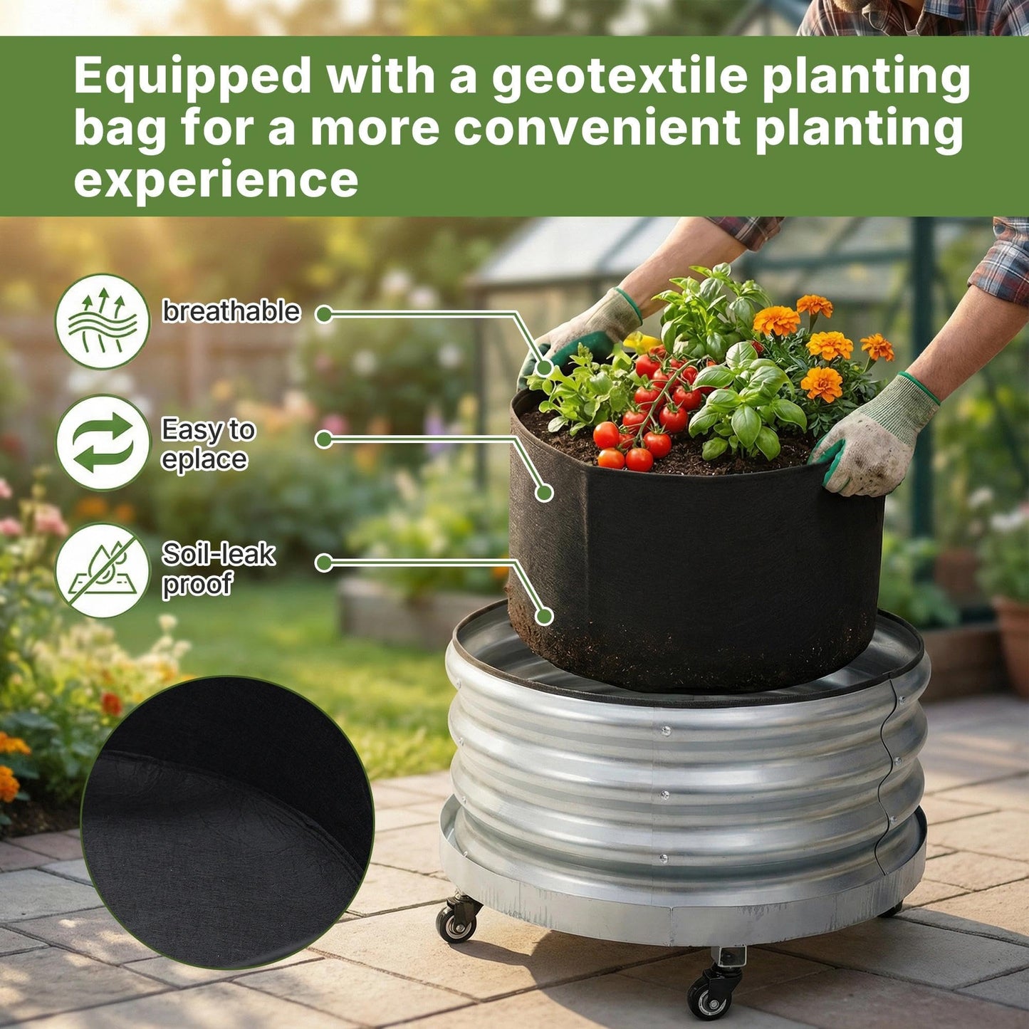 Chonway Large Rolling Garden Planter Box with Geotextile Grow Bag & Plastic Tray Pad, Galvanized Metal Raised Garden Bed Outdoor with Wheels for Flowers Tomatoes Vegetables Olive Trees, 2x2 ft