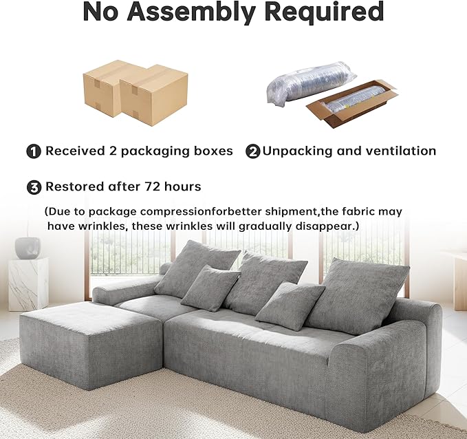 SEENYOO 111.2" Boneless Couch,Cloud Sectional Sofa with L-Shape Chaise,No Assembly,High-Density Memory Foam,Chenille Comfy Sofa for Living Room, Bedroon and Apartment (Grey)