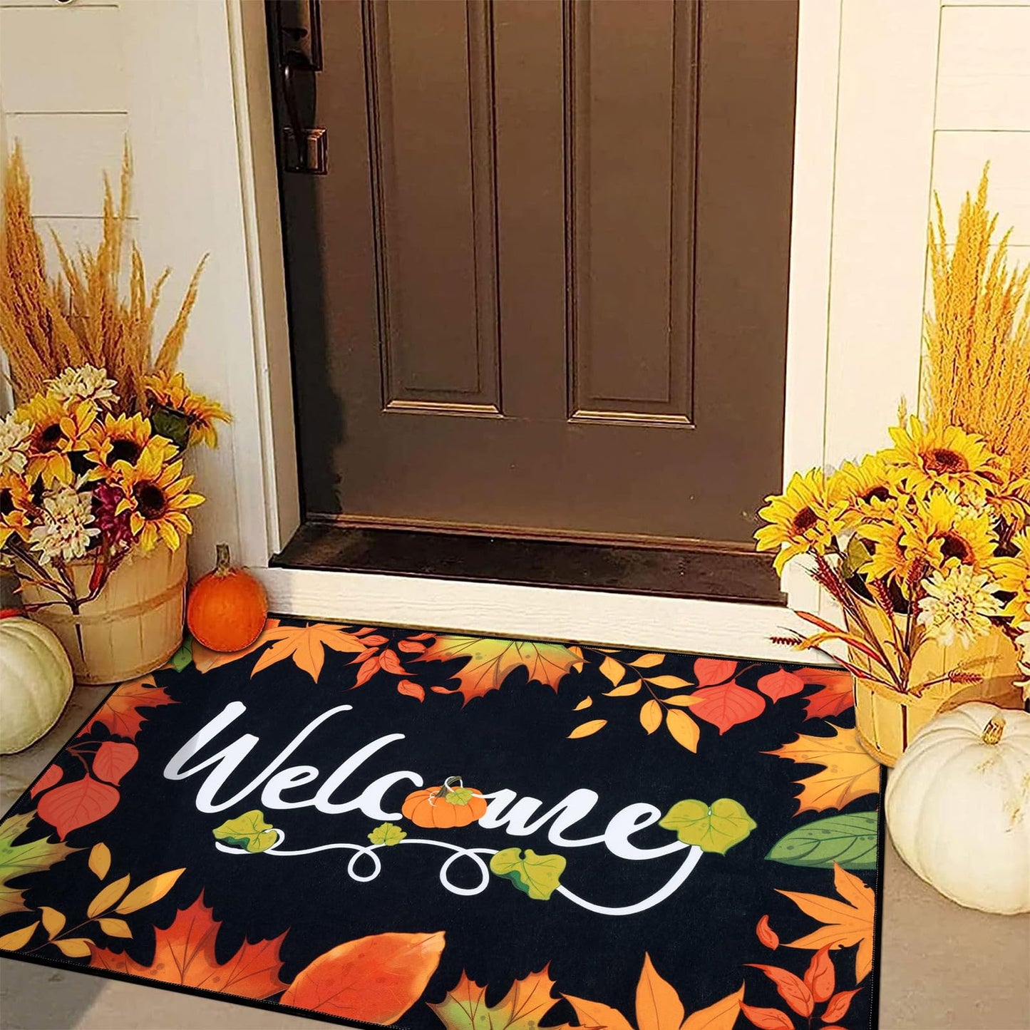 Ileading Fall Door Mat 32"x48", Hello Pumpkin Doormat, Washable Non Slip Welcome Mats for Front Door, Autumn Harvest Thanksgiving Entry Mat Indoor Outdoor Low Profile Floor Mat for Entryway