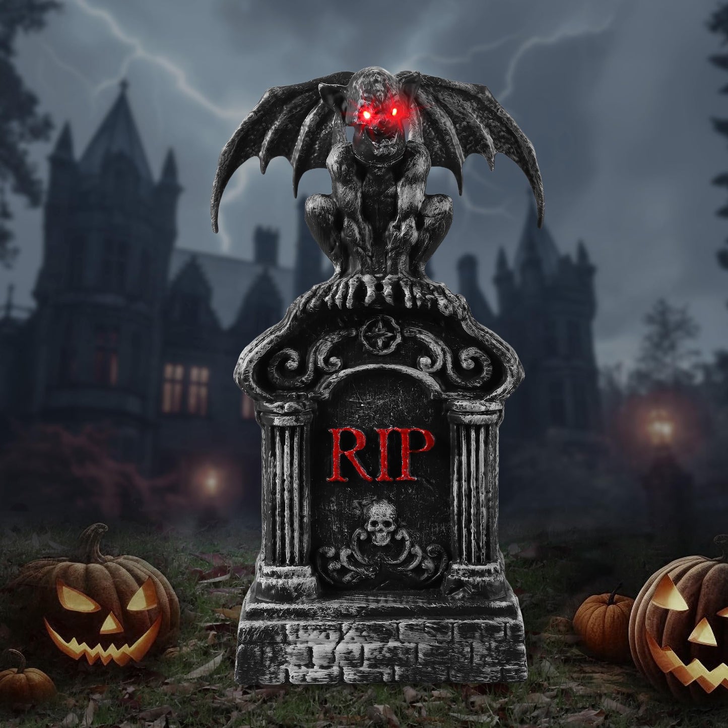 JOYIN 17” Halloween Animatronic Outdoor Tombstones Decorations, LED Graveyard Gravestone Decorations Animated Decor Outside with Sound Activated, Creepy Voice Motion for Yard Garden Haunted House Lawn
