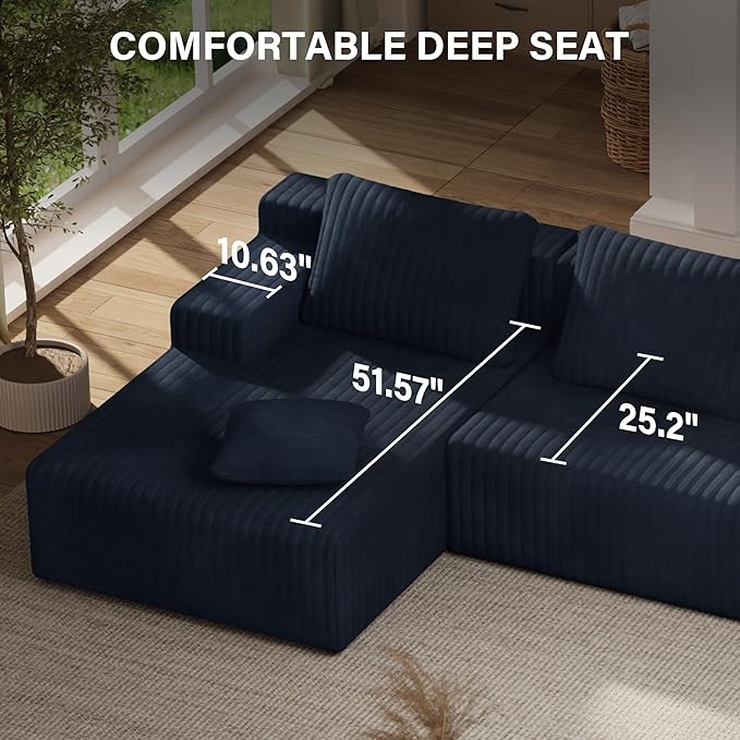 LAUSAINT HOME 132" Modular Sectional Sofa Couches, U-Shaped Boneless Cloud Sofa with 4 Deep Seat, 6 Cushiones Oversized Chaise for Living Room, Bedroom, Plush Corduroy Fabric (U Shaped,Navy Blue)