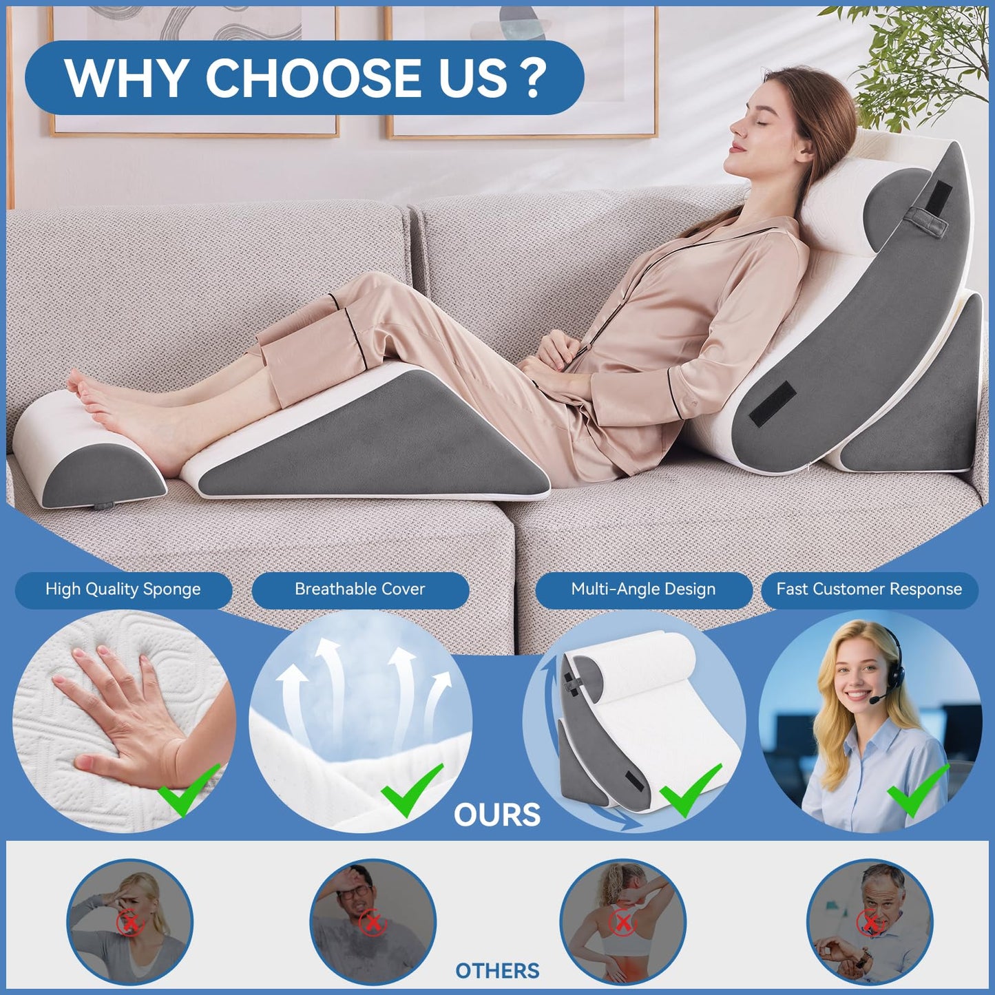 Negwoo Wedge Pillow Set for After Surgery, 5 PCS Bed Wedge Pillow for Sleeping, Memory Foam Orthopedic Back Adjustable Pillow for Pain Relief and Acid Reflux with 2 PCS Axilla Pillow Grey