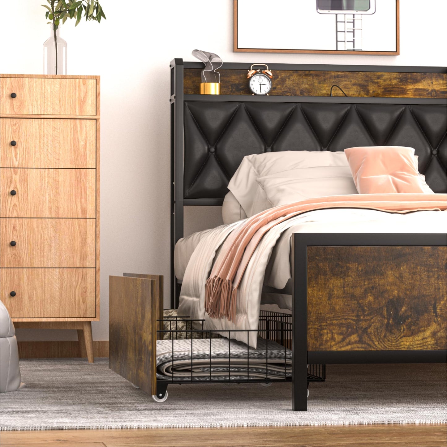 GAZHOME Twin XL Bed Frame with 4 Storage Drawers and Charging Station, Twin XL Upholstered Platform Bed Storage Headboard, No Box Spring Needed, Heavy Duty Slats, Noise Free, Easy Assembly