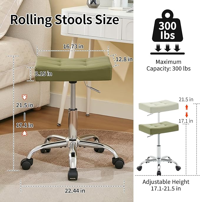 Saddle Salon Stool (Adjustable Height 17-21 inch) (Quiet Wheels and Sturdy Base) Nail Tattoo Vanity Massage Stool (Green)