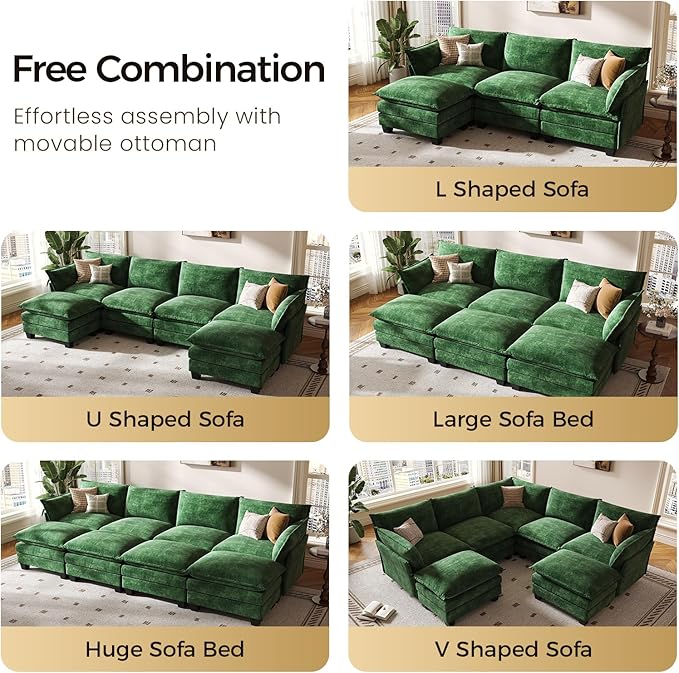 KKL 91.3" Modular Sectional Sofa, L-Shaped 4 Seater Cloud Couch with Ottoman, Chenille Modern Sectional Couches for Living Room, Apartment, Green