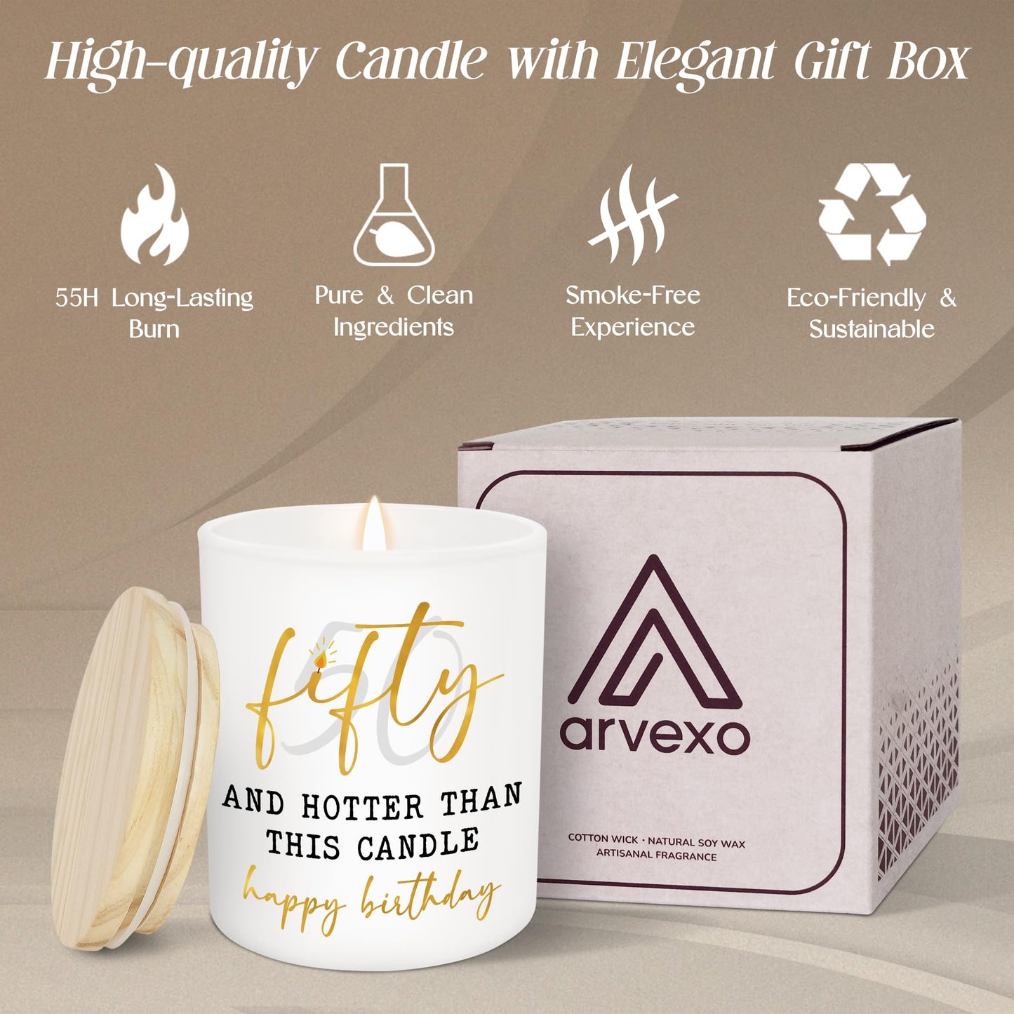 ARVEXO 50th Birthday Gifts for Her - Long Lasting Vanilla Lavender Candle 10 oz - Funny 1975 Birthday Gifts for Women Wife Mom Sister Friend, Gift for 50 Year Old Woman, Fifty Candles for Women
