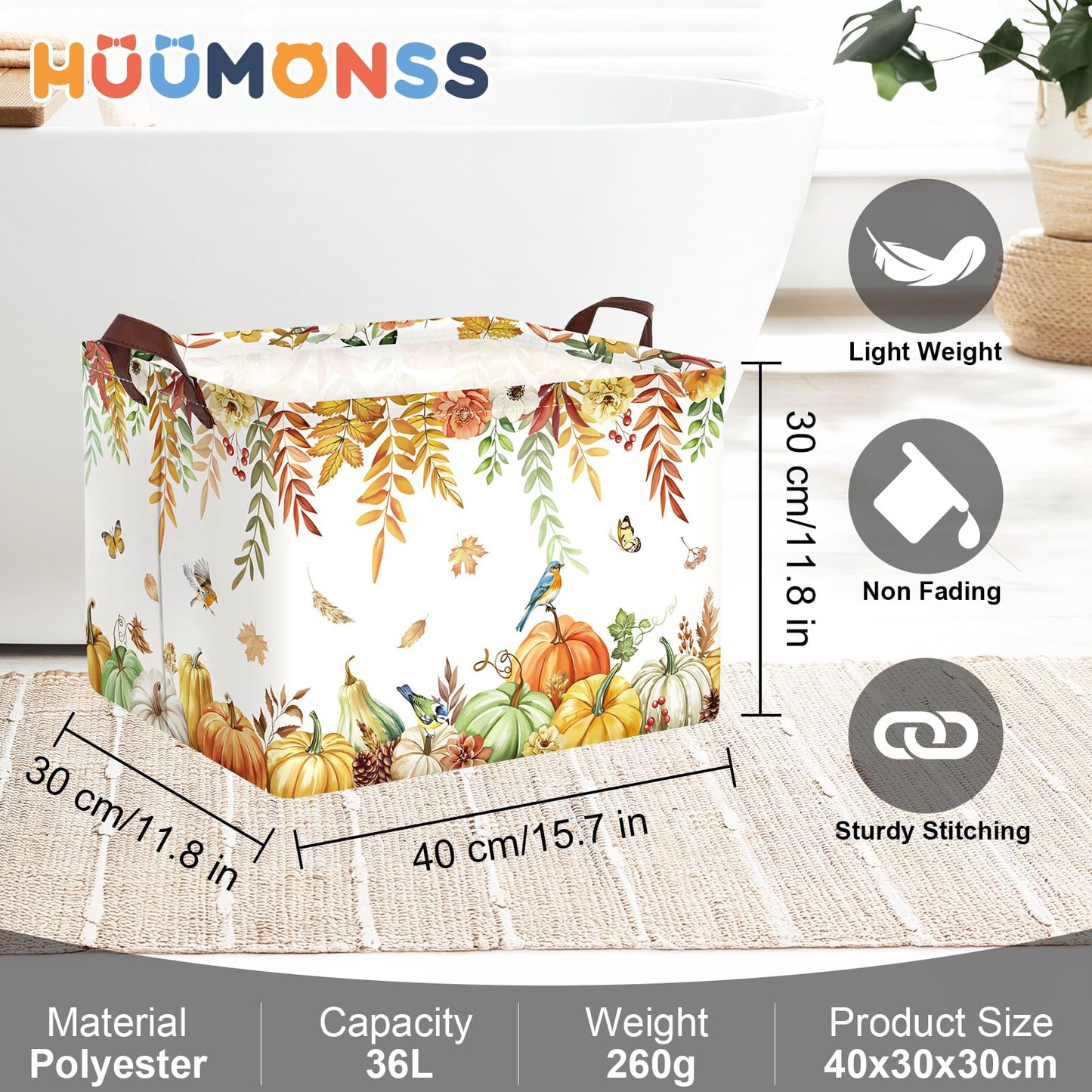 HUUMONSS Fall Thanksgiving Baby Storage Basket Pumpkin Maple Leaf Collapsible Clothes Kids Laundry Hamper Large Boys Girls Gift Toy Box Bin for Nursery Room,Bird,40 * 30 * 30 cm