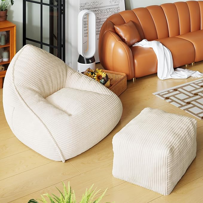 Cloud Large Bean Bag Chair with Ottoman, Corduroy Fabric+35D Memory Foam Big Beanbag Chair for Adults,Lounger Chairs Sofa Boneless Puff Chair for Living Room, Bedroom,Balcony,Playroom (Beige)