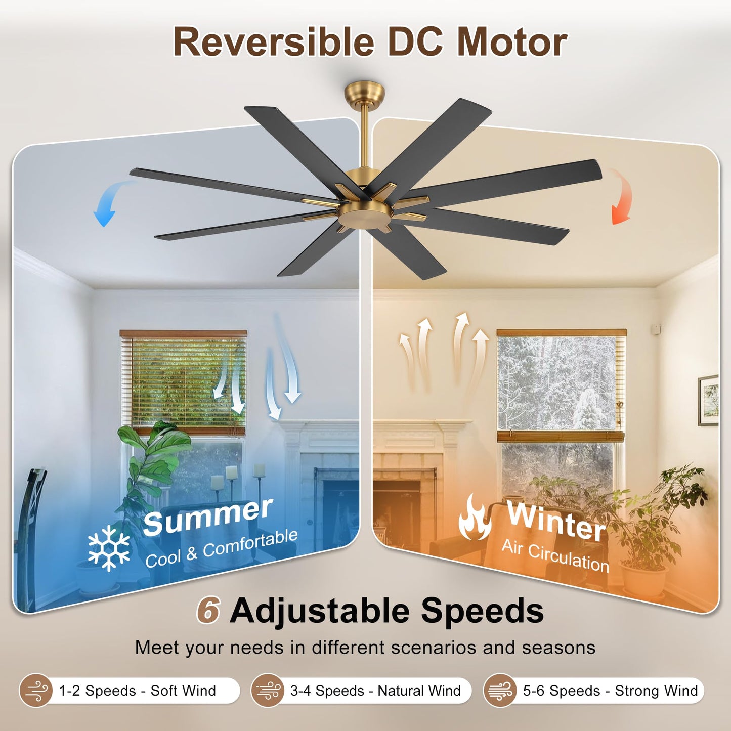 WINGBO 64 Inch Ceiling Fan without Light - 8 Plywood Blades, 6-Speed Reversible DC Motor, Noiseless Remote Control Ceiling Fan No Light for Bedroom Living Room Kitchen, Gold and Walnut/Black