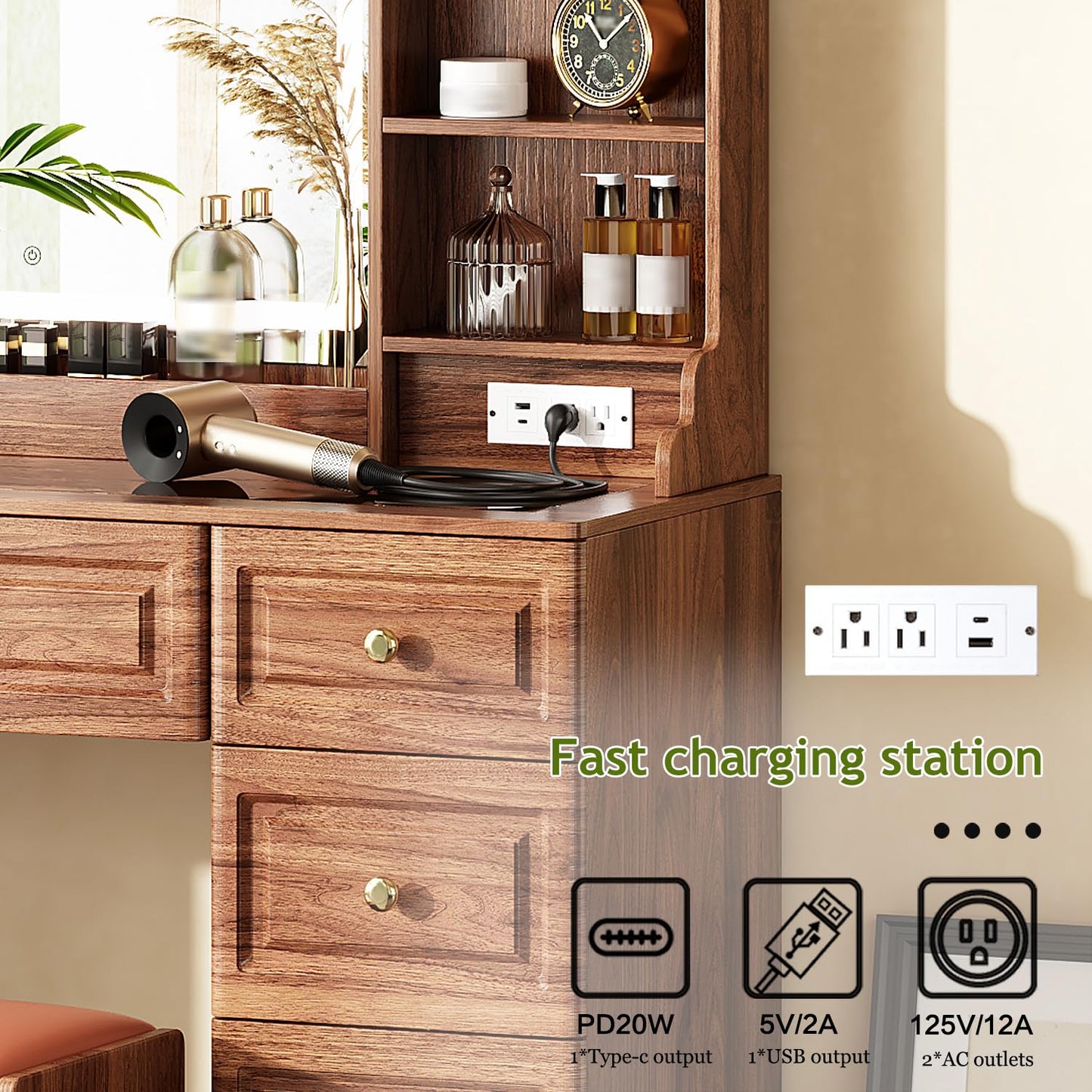 Arulvmrn 43" Makeup Vanity Desk with Mirror and Lights, & Power Outl, Glass Top Big Vanity Table with 9 Drawers& 8 Storage Shelves, Dressing Table Set with Chair for Bedroom, Brown