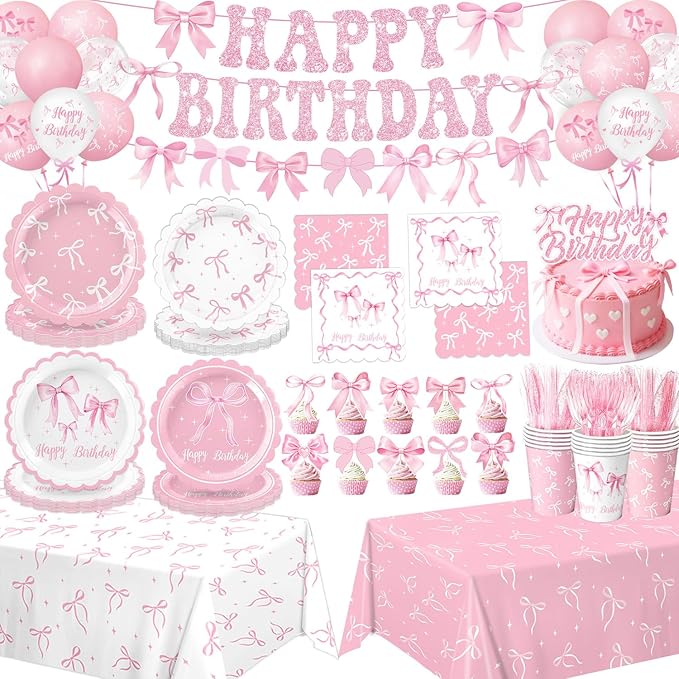Pink Bow Birthday Decorations Include Plates, Napkins, Cups, Cutlery, Banner, Hanging Swirls, Cake & Cupcake Toppers, Ball...
