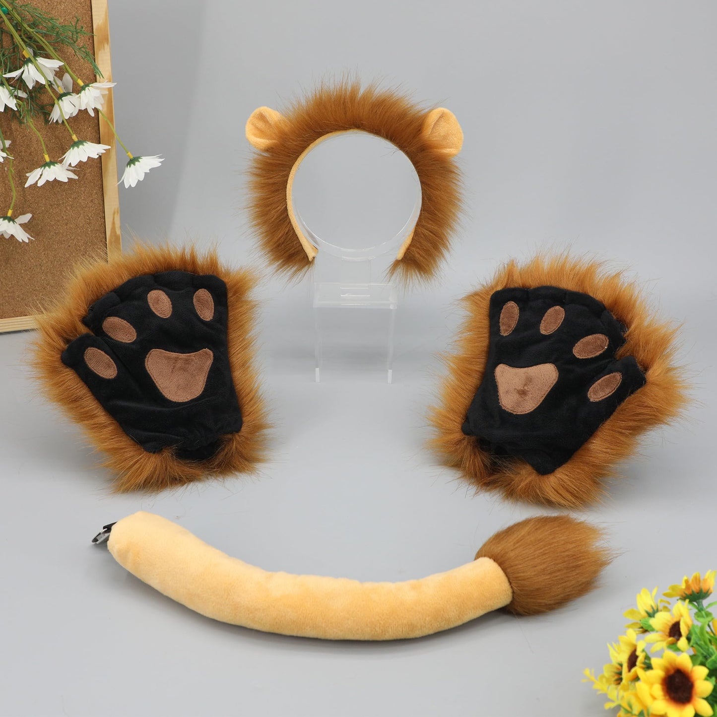 Dodheah Lion Ears Headband Set Fingerless Furry Lion Glove Paws Lion Tail Animal Cosplay Halloween Fancy Dress Lion Costume Yellow