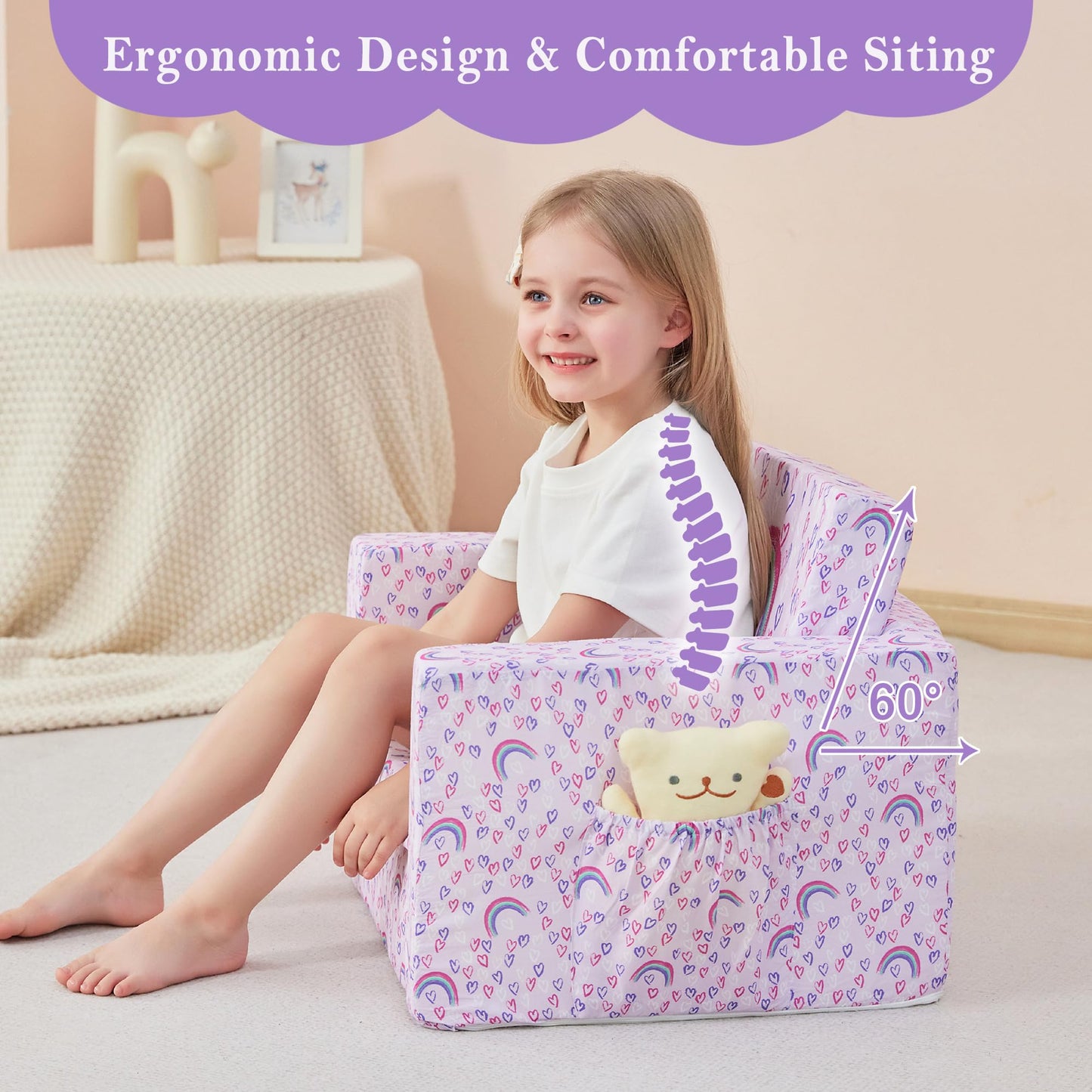 lasoftan Kids Sofa for Toddler, 2-in-1 Toddler Couch Fold Out, Convertible Sofa to Lounger Bed for Girls and Boys, with Removable Cover & Double Pockets - Purple Rainbow