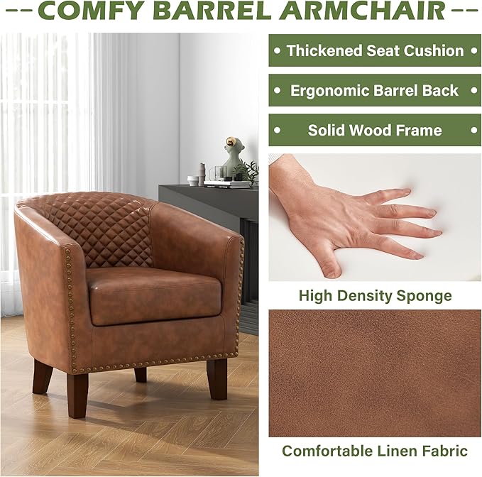 UIXE PU Leather Barrel Accent Chairs Set of 4, Modern Upholstered Armchair Round Club Chair for Living Room, Comfy Nailed Trim Arm Chair Bedroom Side Reading Seat - Brown