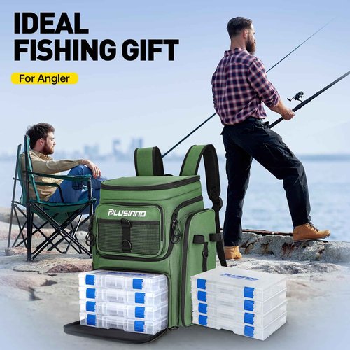 PLUSINNO Fishing Backpack with Rod Holders 4 Tackle Boxes, 42L Large Water-Resistant Fishing Tackle Bag Store Fishing Gear for Fishing, Camping, Hiking, Fishing Gifts for Men Father, Green
