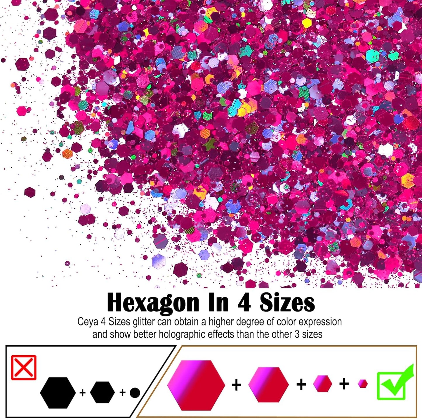 Ceya Holographic Chunky Glitter, 4.9oz/ 140g Fuchsia Craft Glitter Powder Mixed Chunky & Fine Flakes Iridescent Nail Sequins for Nail Art, Hair, Epoxy Resin, Tumblers, Slime, Painting, Festival Decor