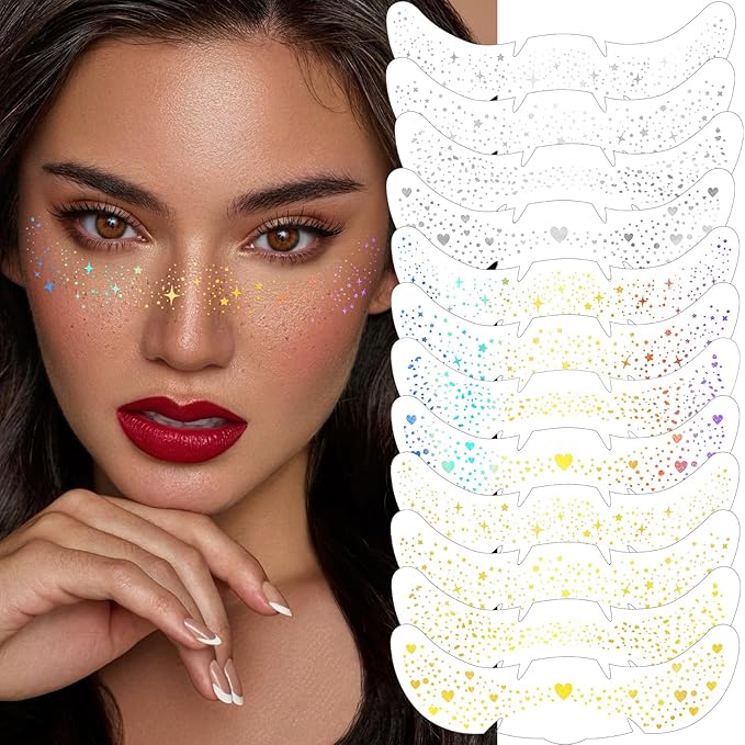 HyperFun 12Pcs Face Glitter Freckles, Face Glitter Fake Freckles Sticker, Gold Sliver Holographic Multichrome Waterproof S...